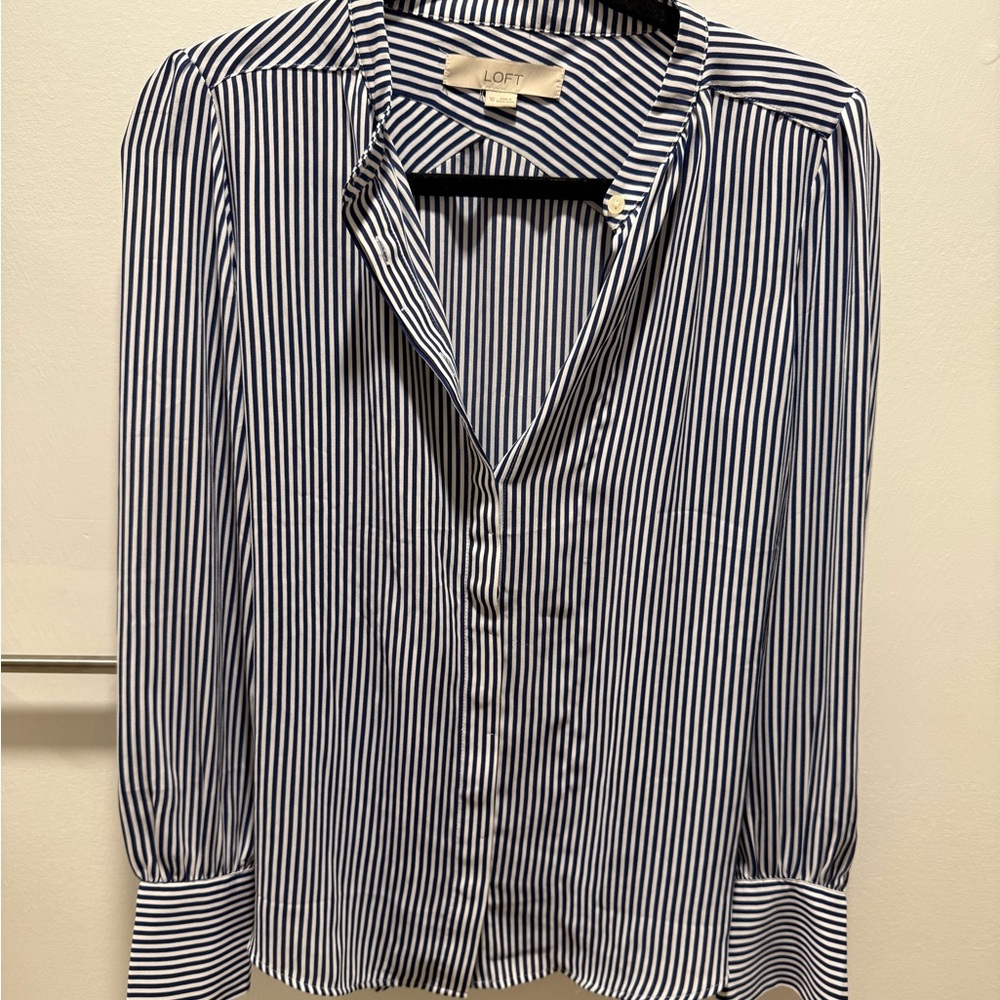 LOFT womens Navy and White Vertical Stripe Button-Down Shirt